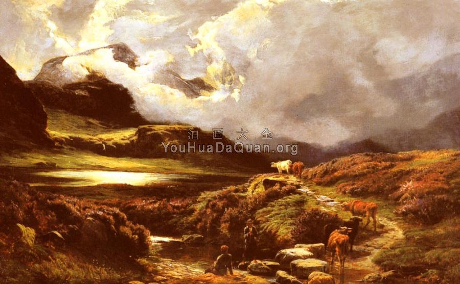 Cattle and Drovers on a Path, Styhead Pass, Cumberland - 西德尼·理查德·珀西